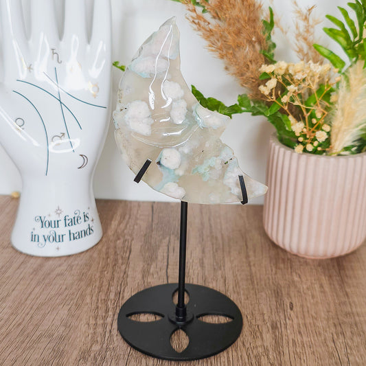 Fluorescent Flower Agate Moon Face on the stand
