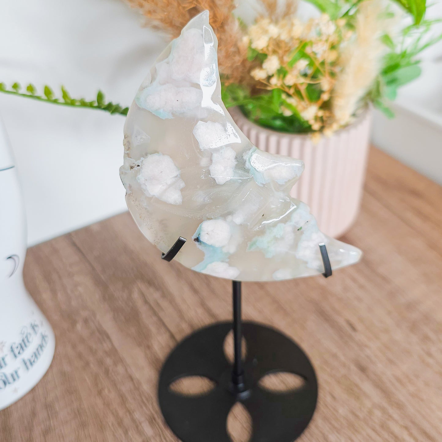 Fluorescent Flower Agate Moon Face on the stand