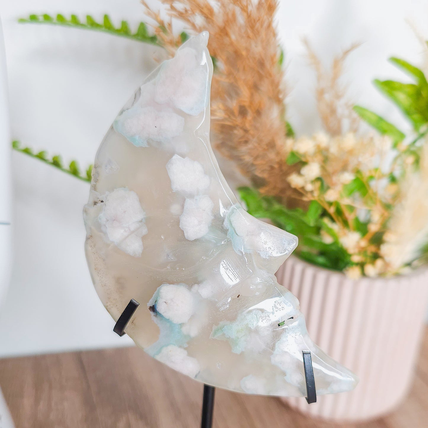 Fluorescent Flower Agate Moon Face on the stand