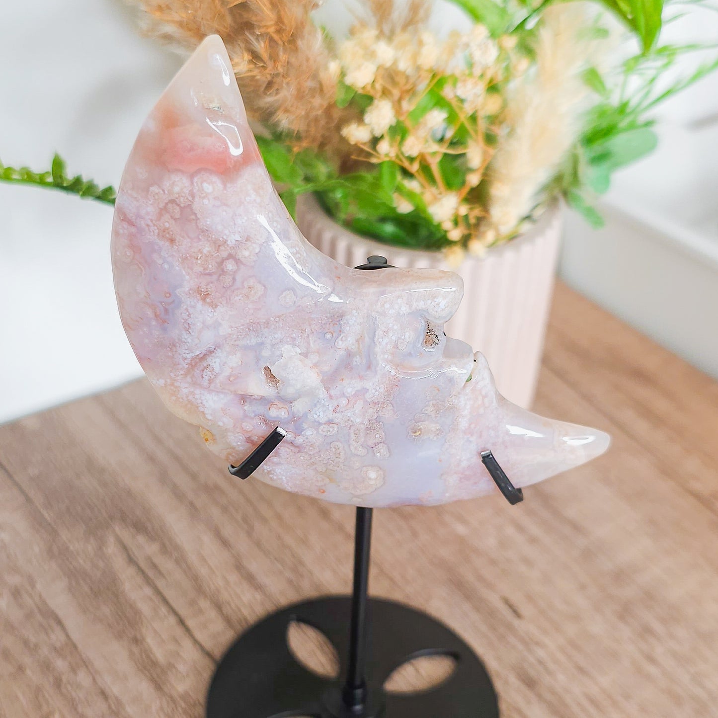 Flower Agate Moon Face on the stand