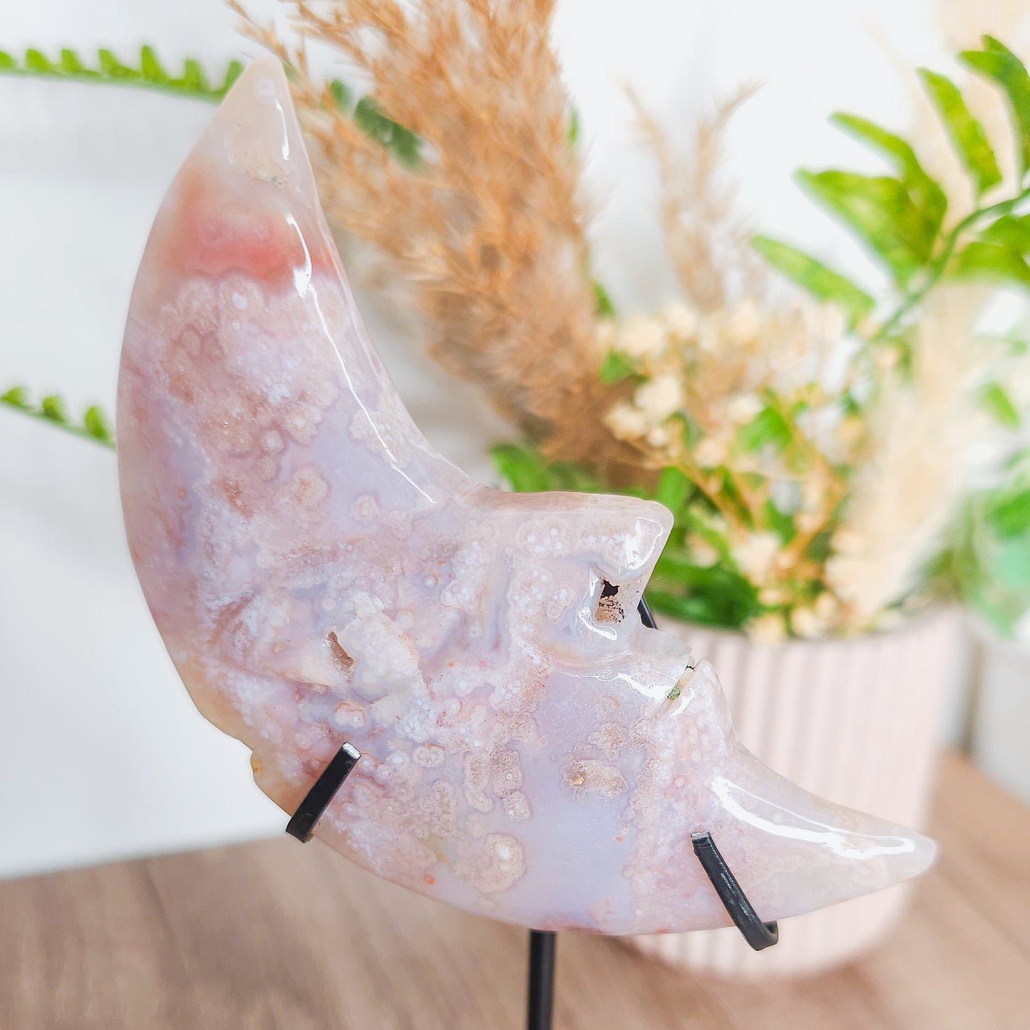 Flower Agate Moon Face on the stand