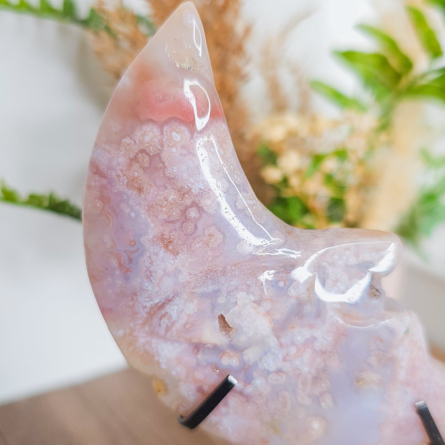 Flower Agate Moon Face on the stand