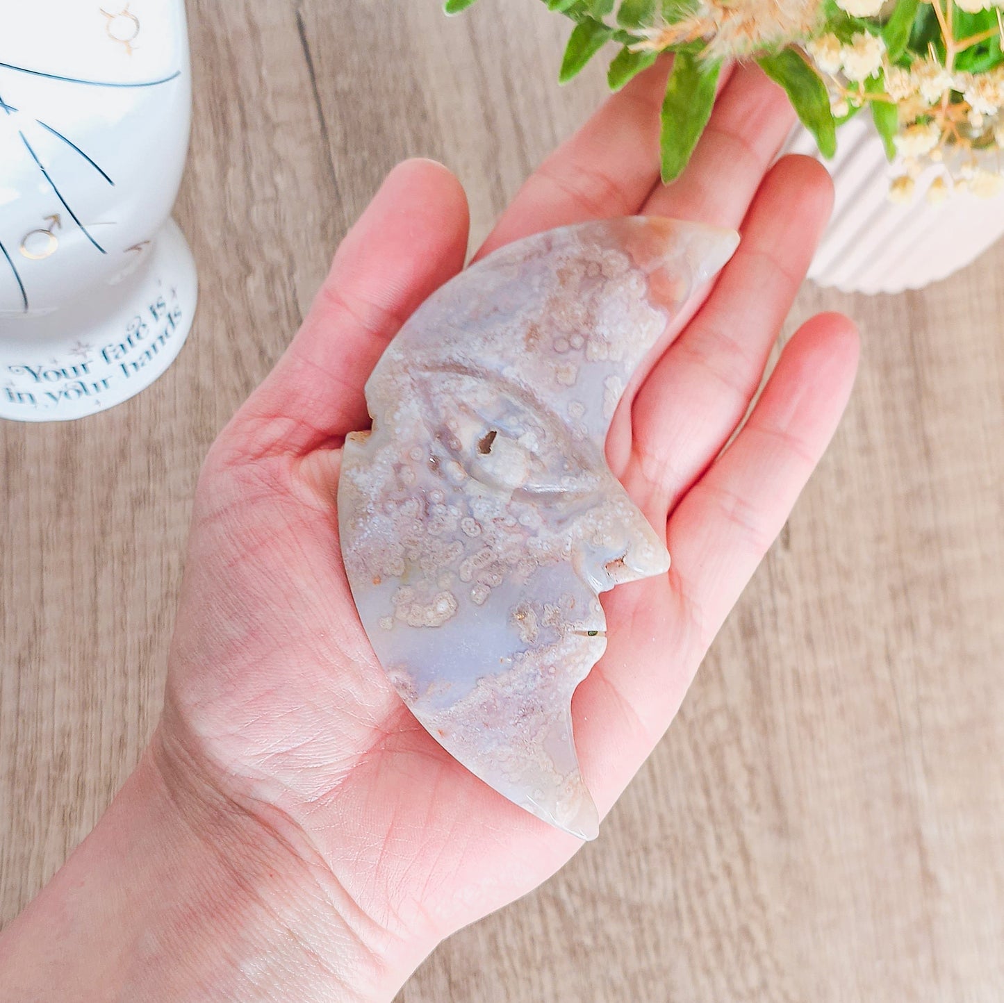 Flower Agate Moon Face on the stand