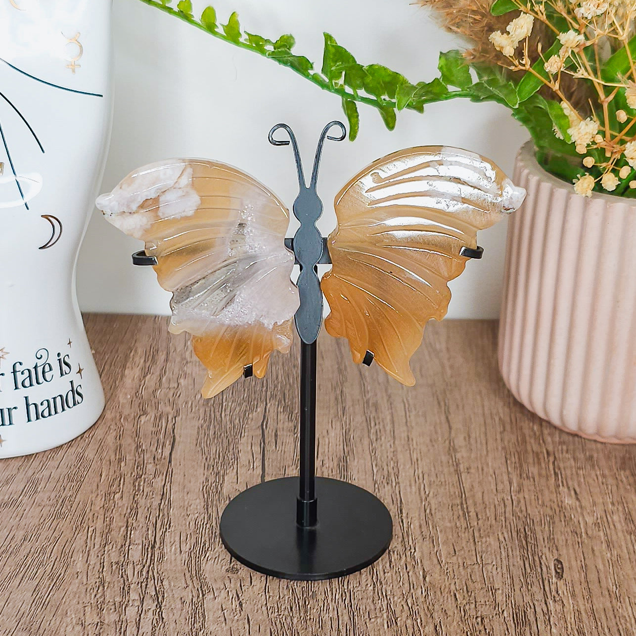 Fluorescent Flower Agate Butterfly Wings on the stand