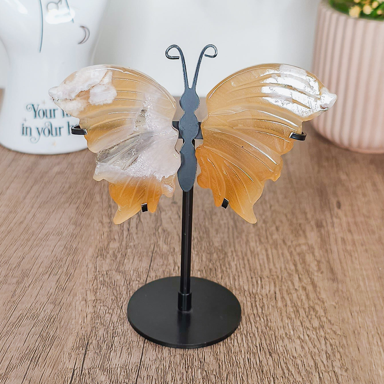 Fluorescent Flower Agate Butterfly Wings on the stand