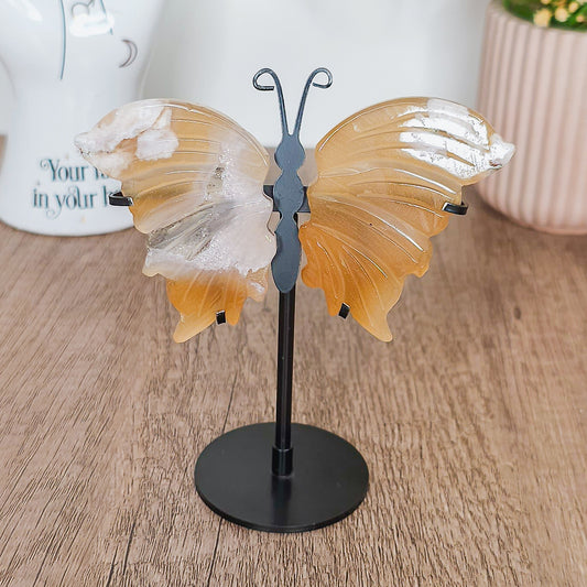 Fluorescent Flower Agate Butterfly Wings on the stand