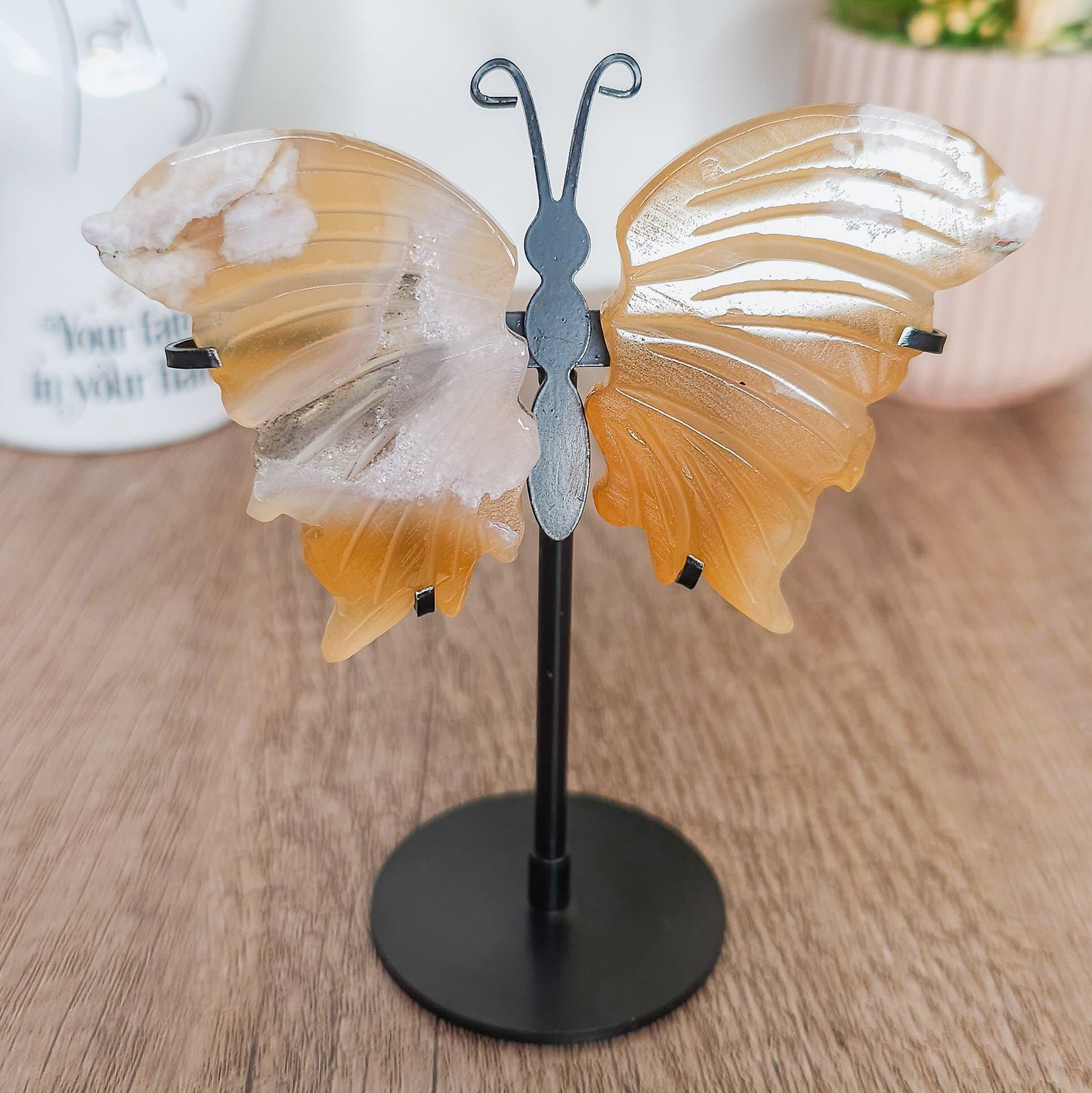 Fluorescent Flower Agate Butterfly Wings on the stand