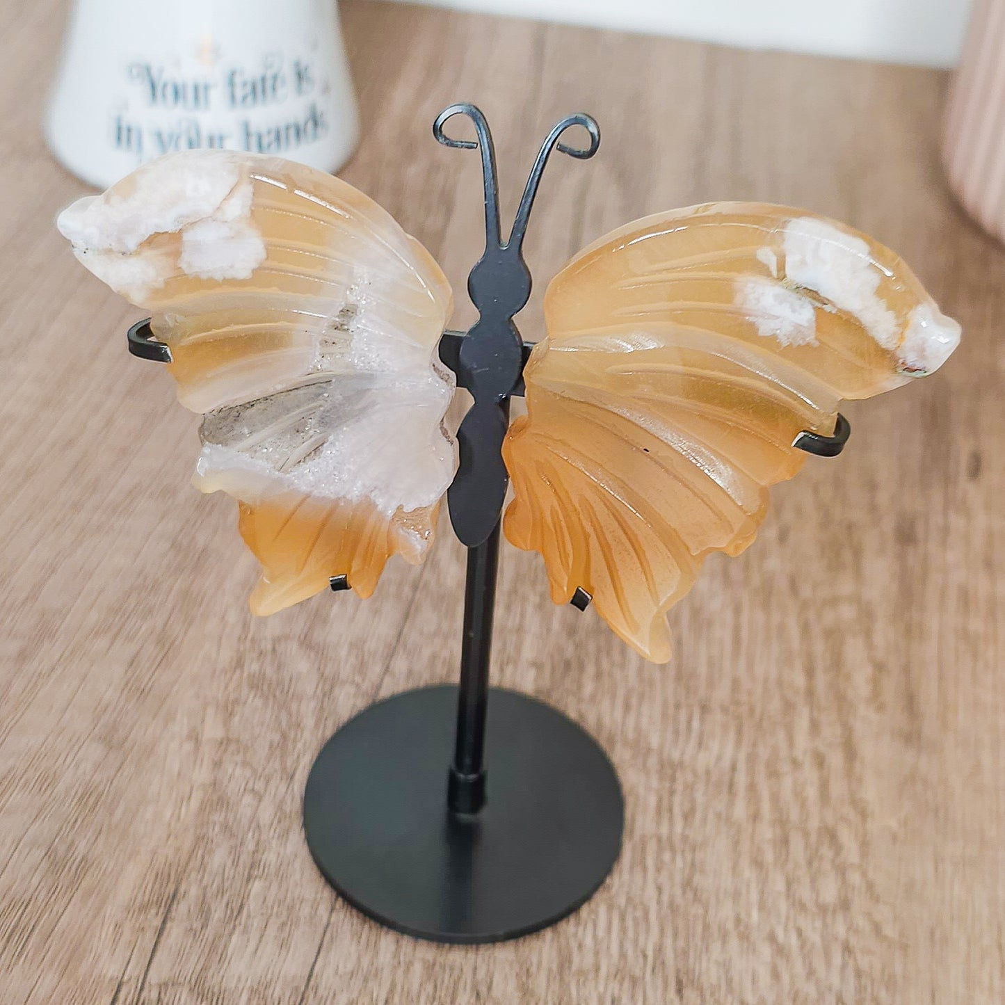 Fluorescent Flower Agate Butterfly Wings on the stand
