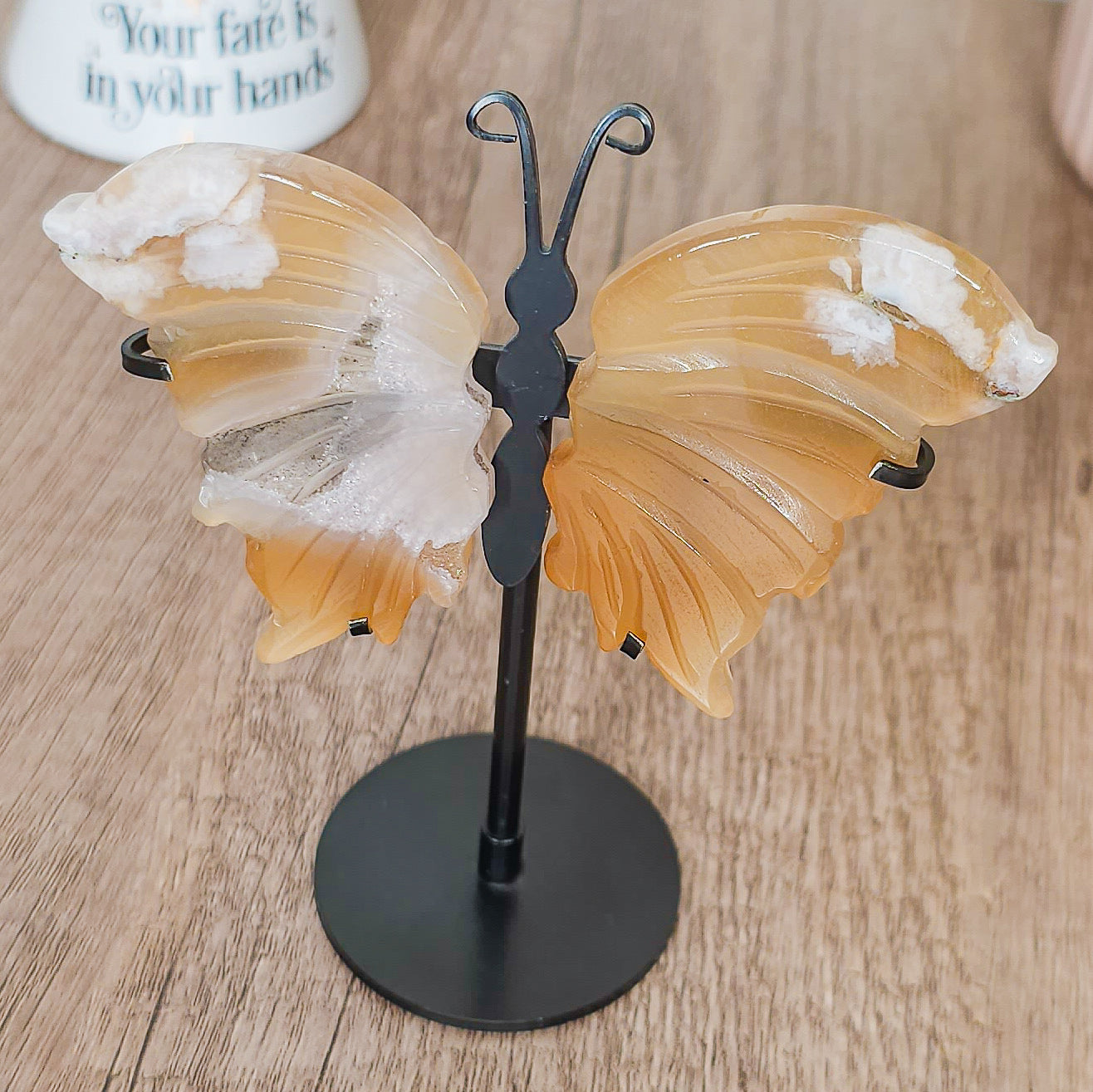 Fluorescent Flower Agate Butterfly Wings on the stand