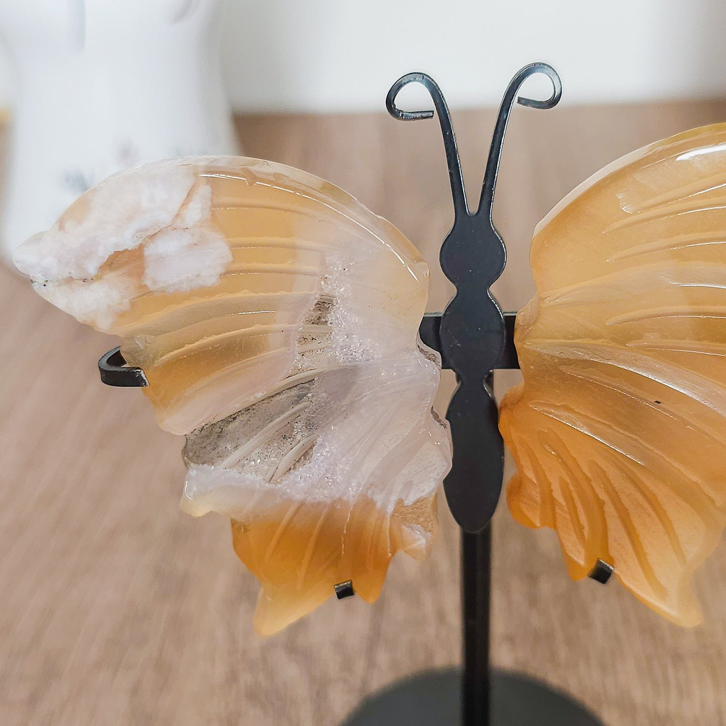Fluorescent Flower Agate Butterfly Wings on the stand