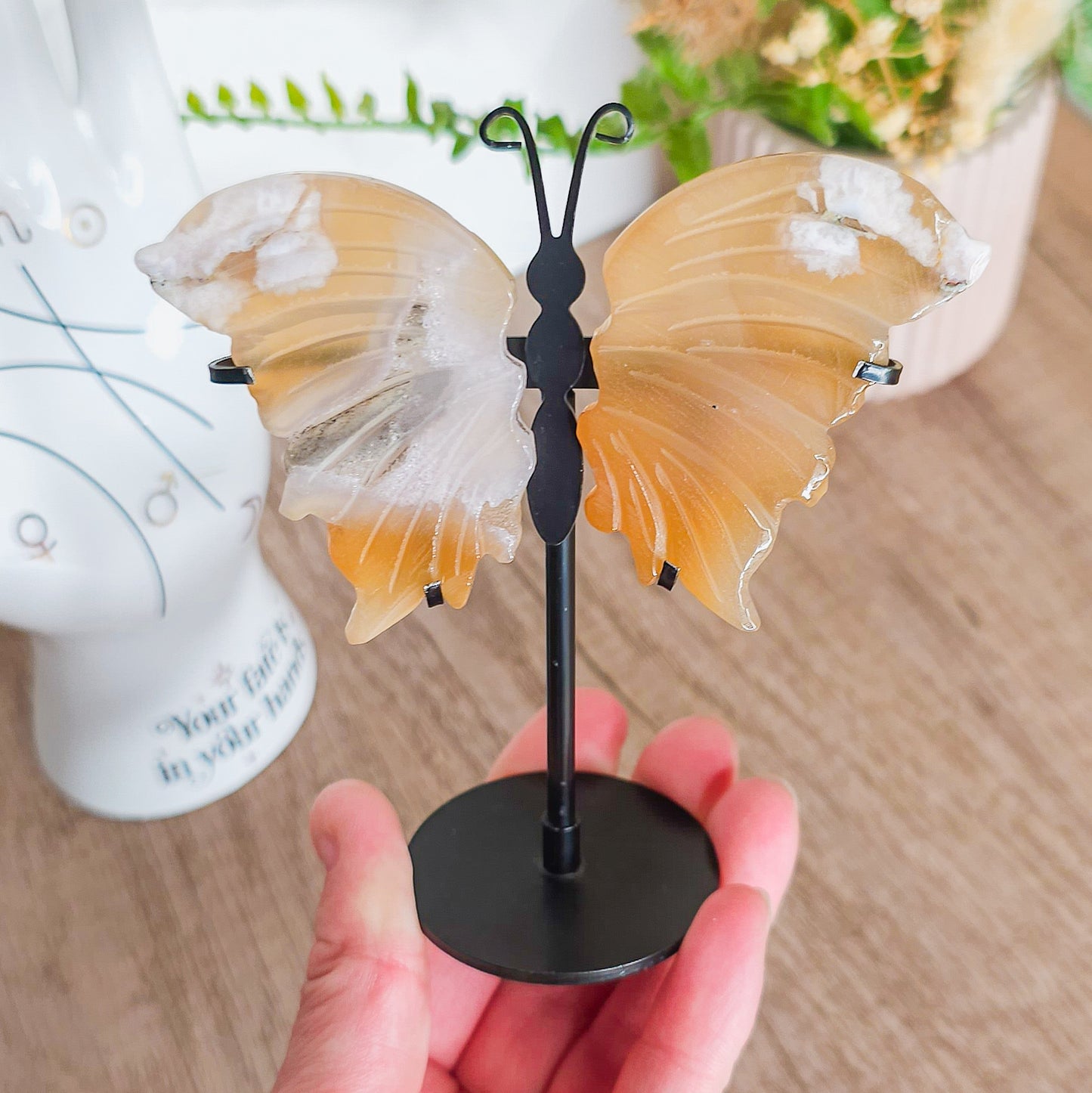 Fluorescent Flower Agate Butterfly Wings on the stand