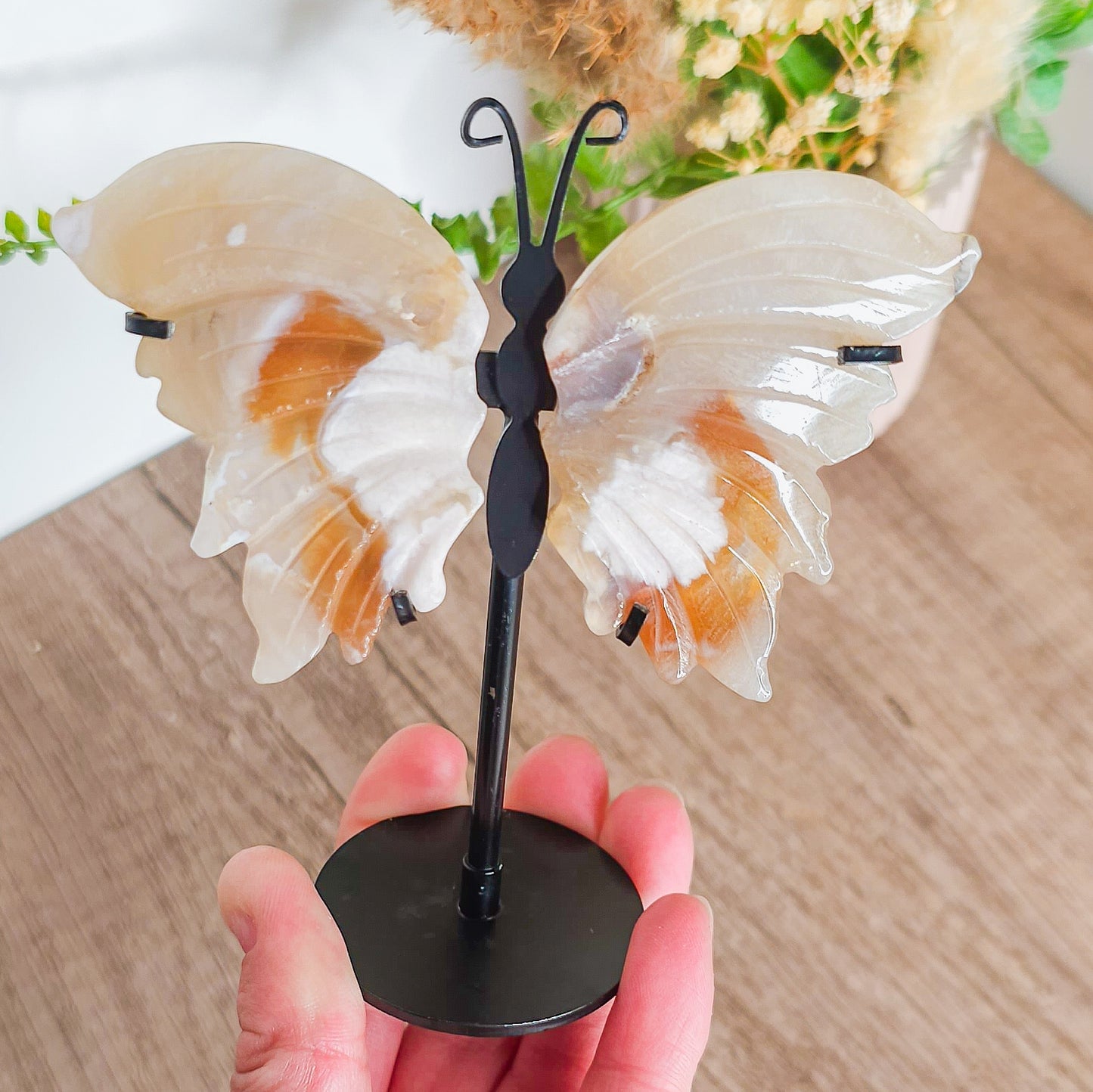 Flower Agate Butterfly Wings on the stand