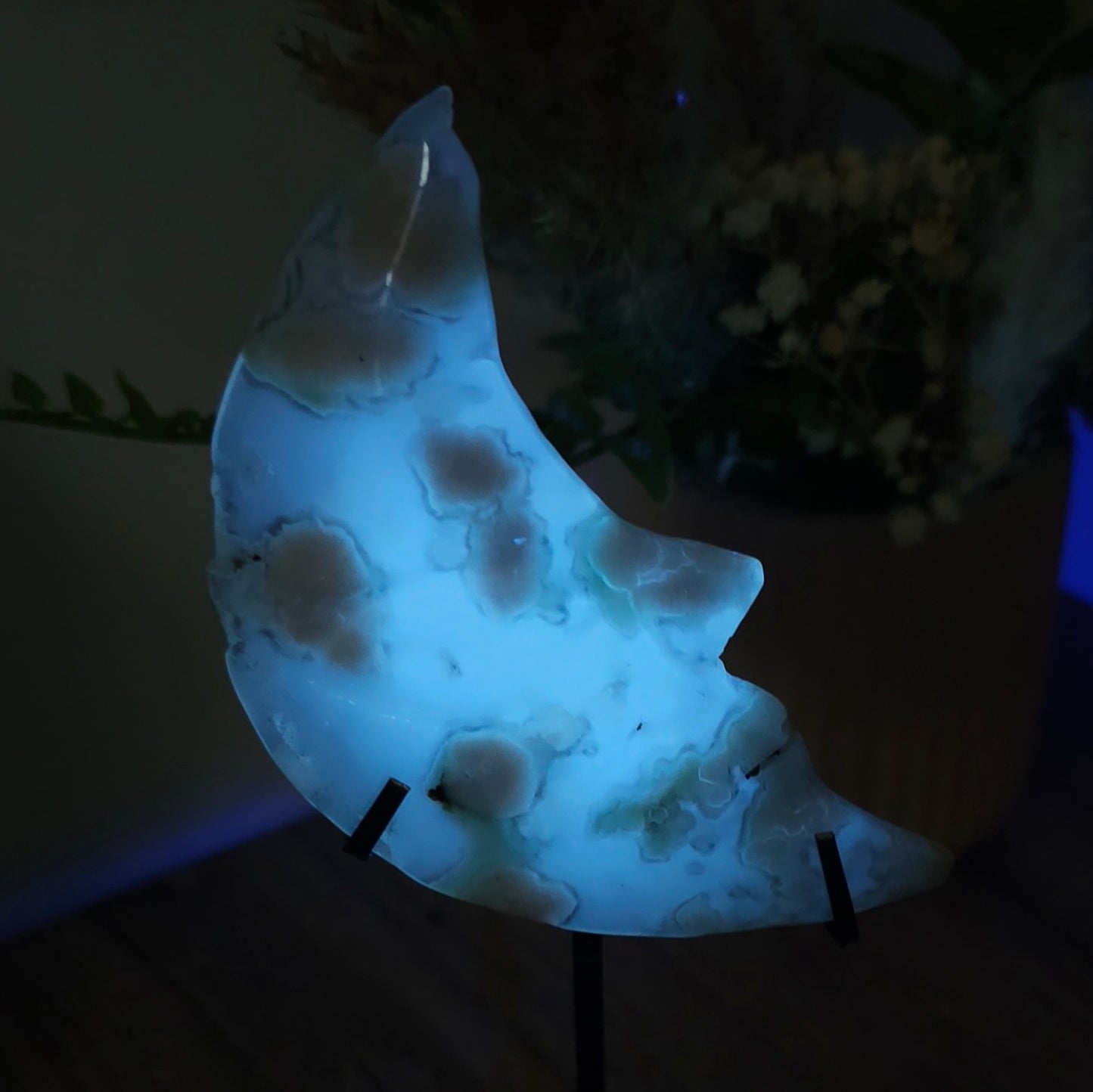 Fluorescent Flower Agate Moon Face on the stand