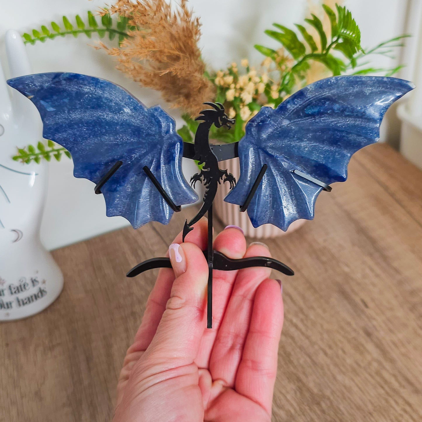 Blue Aventurine Dragon Wings on the stand