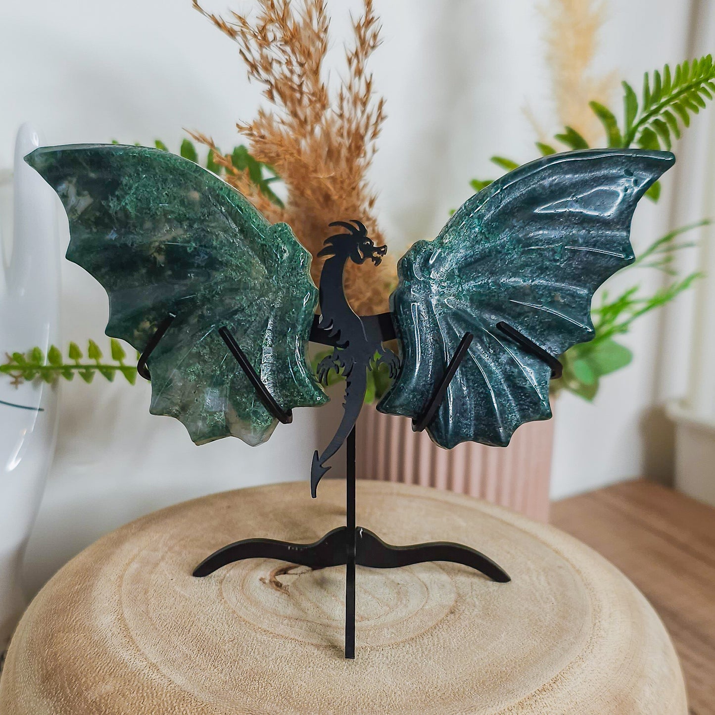 Moss Agate Dragon Wings on the stand