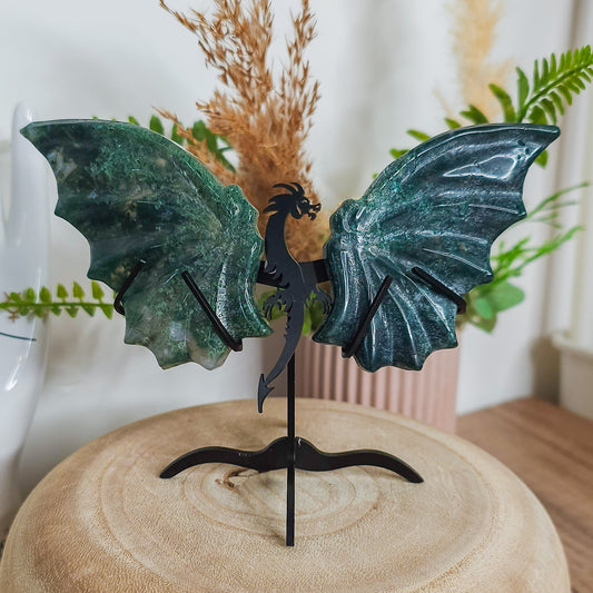 Moss Agate Dragon Wings on the stand