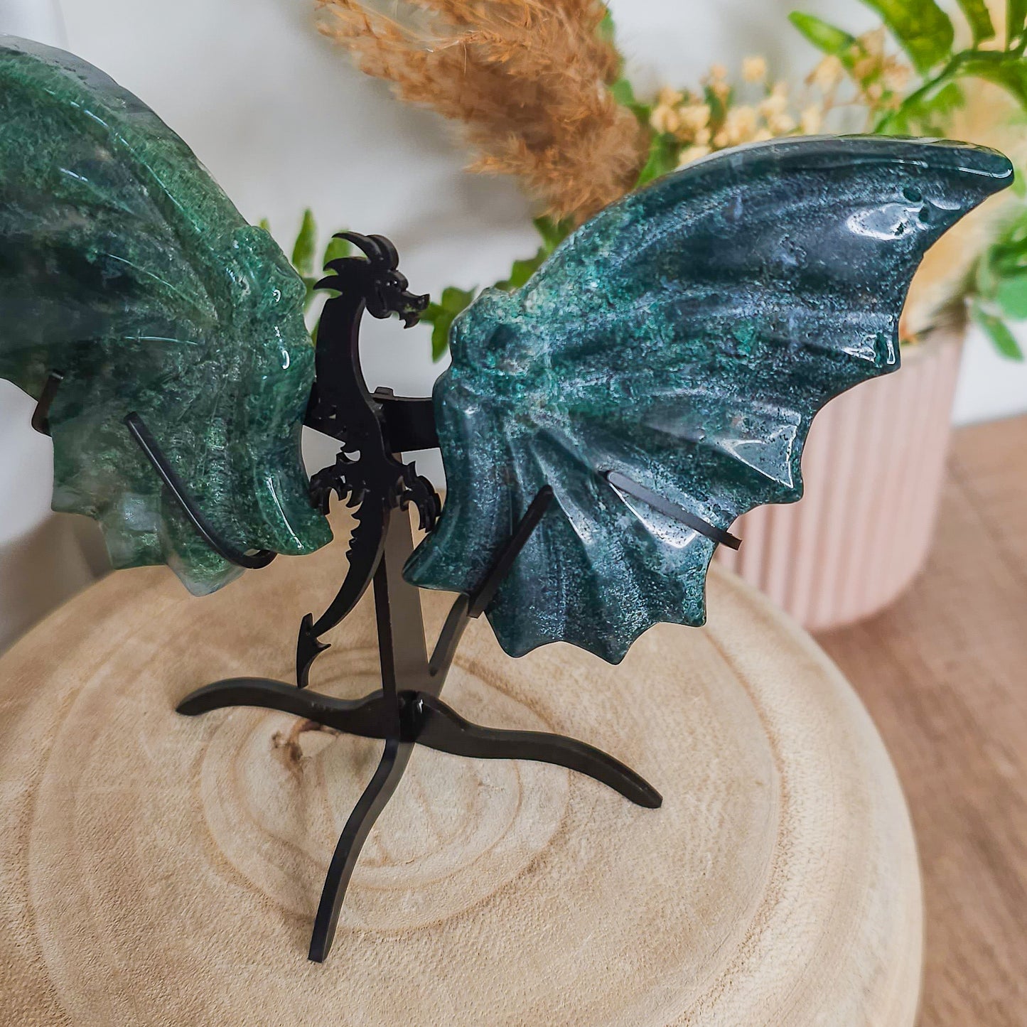 Moss Agate Dragon Wings on the stand