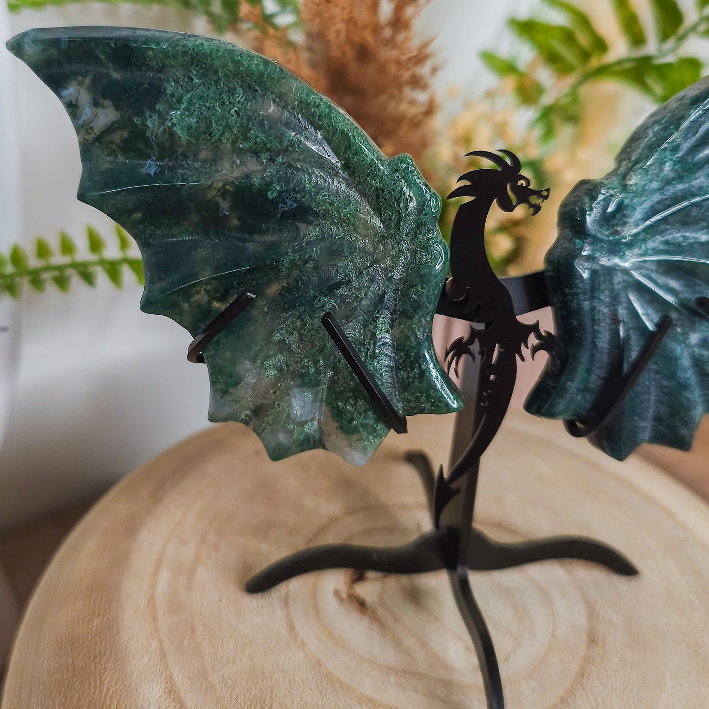Moss Agate Dragon Wings on the stand