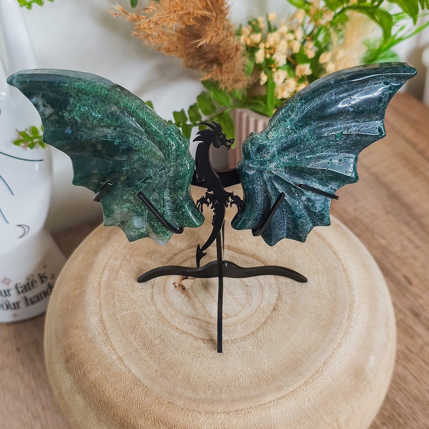 Moss Agate Dragon Wings on the stand