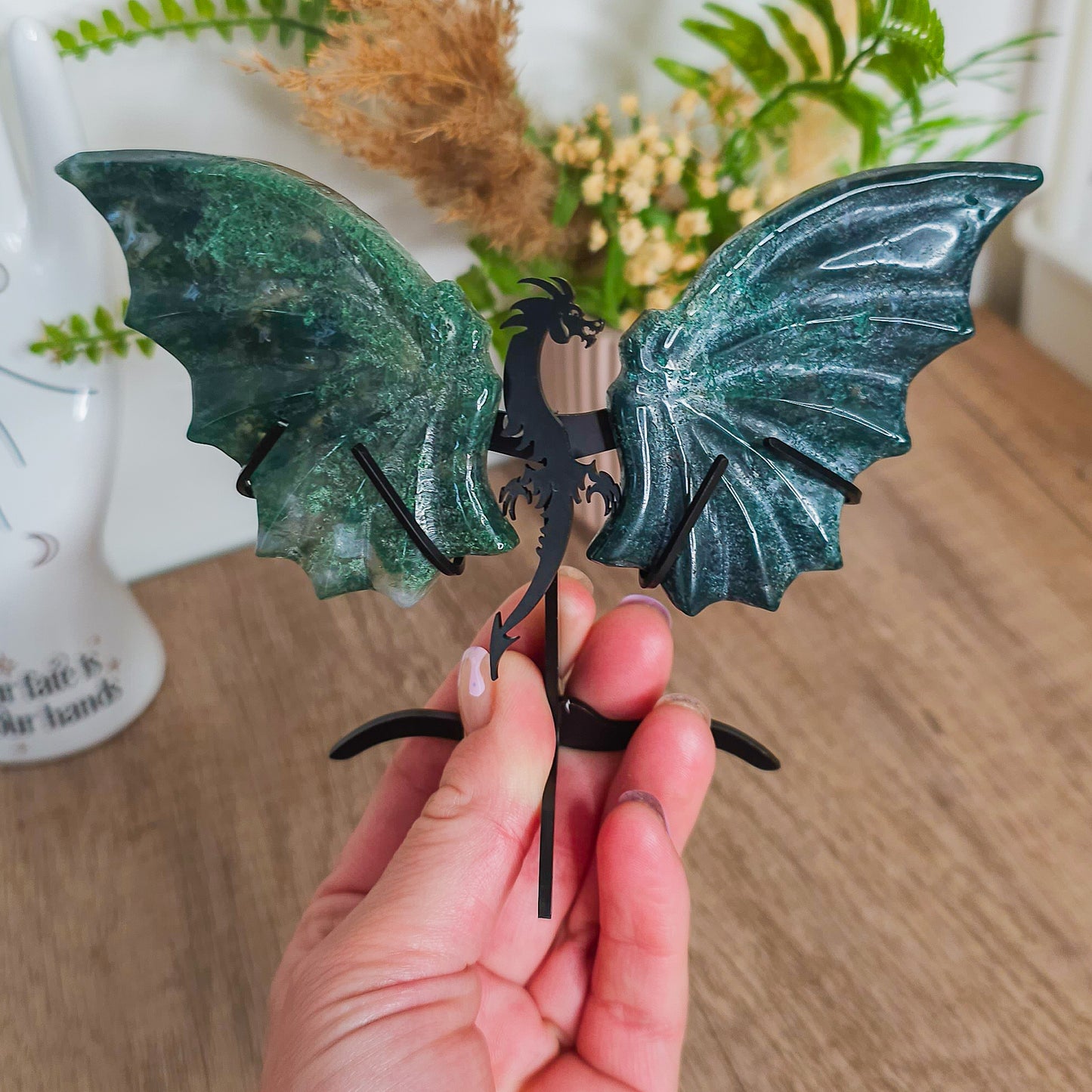 Moss Agate Dragon Wings on the stand