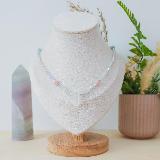 Handmade Necklace with Green, Pink and Blue Beryl beads, Clear Quartz Double Terminated Point and 925 Silver Beads