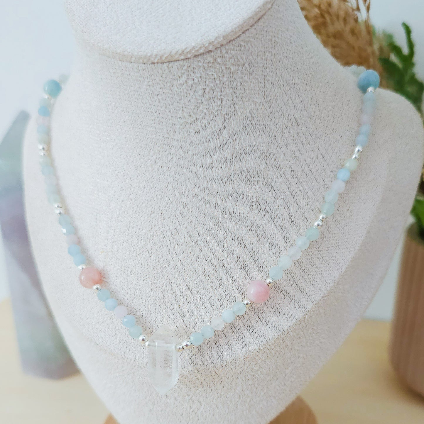 Handmade Necklace with Green, Pink and Blue Beryl beads, Clear Quartz Double Terminated Point and 925 Silver Beads
