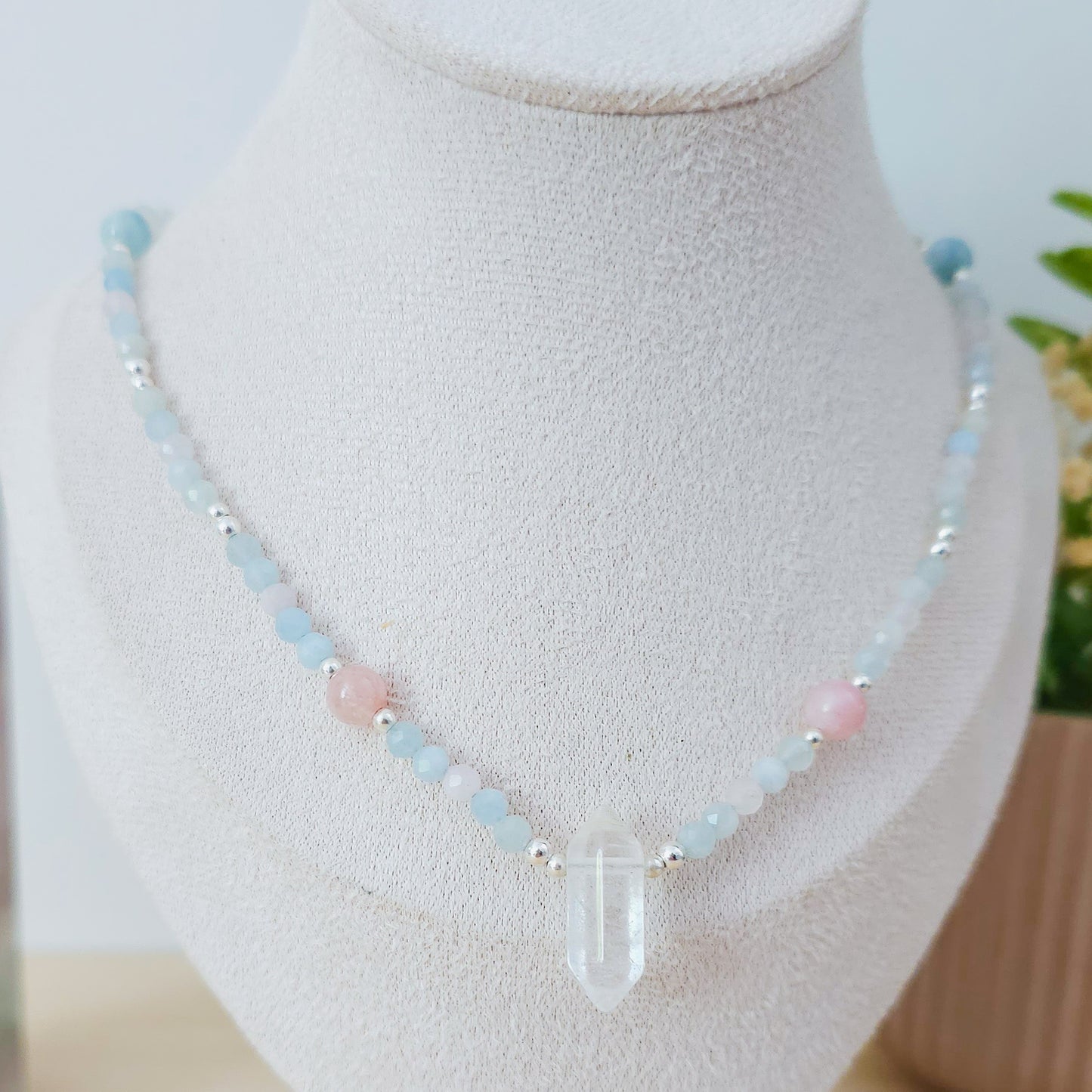 Handmade Necklace with Green, Pink and Blue Beryl beads, Clear Quartz Double Terminated Point and 925 Silver Beads
