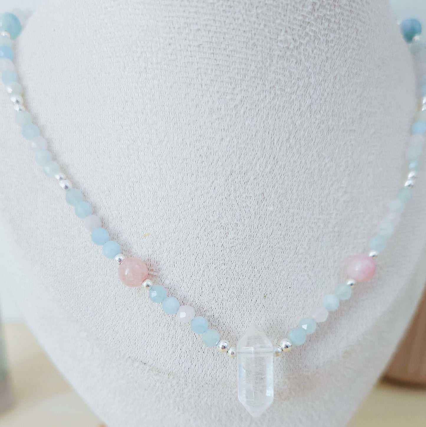Handmade Necklace with Green, Pink and Blue Beryl beads, Clear Quartz Double Terminated Point and 925 Silver Beads