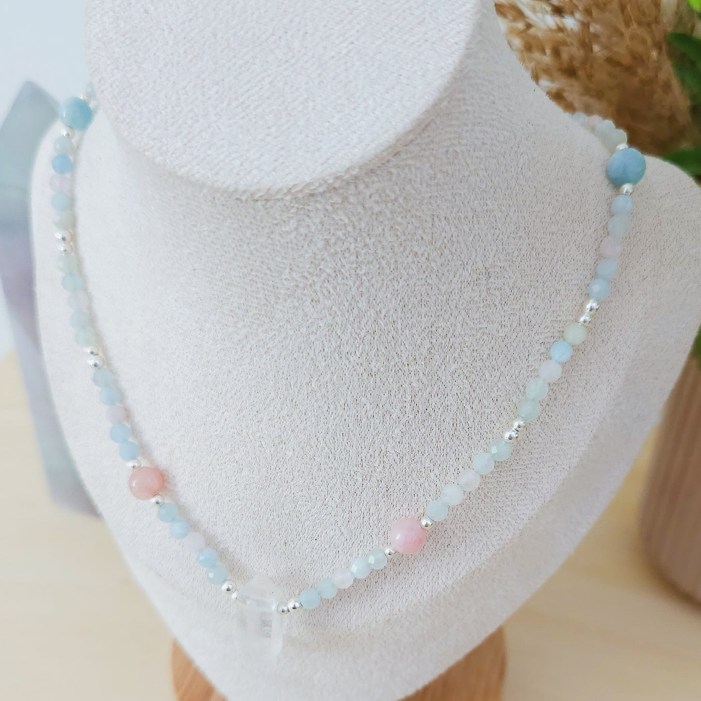 Handmade Necklace with Green, Pink and Blue Beryl beads, Clear Quartz Double Terminated Point and 925 Silver Beads