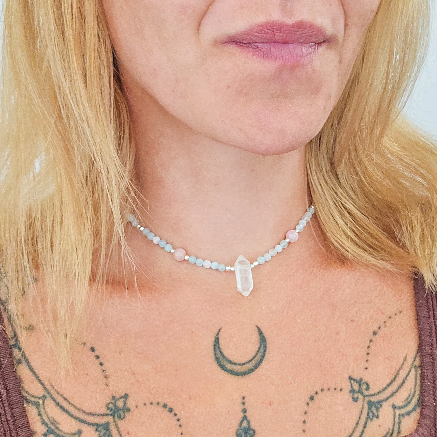 Handmade Necklace with Green, Pink and Blue Beryl beads, Clear Quartz Double Terminated Point and 925 Silver Beads