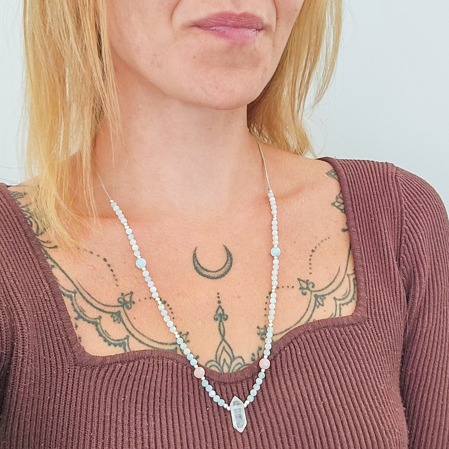 Handmade Necklace with Green, Pink and Blue Beryl beads, Clear Quartz Double Terminated Point and 925 Silver Beads