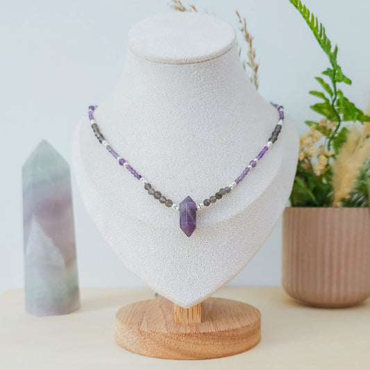 "Violet Mirror" Handmade Necklace with Amethyst, Ice Obsidian and 925 Silver Beads