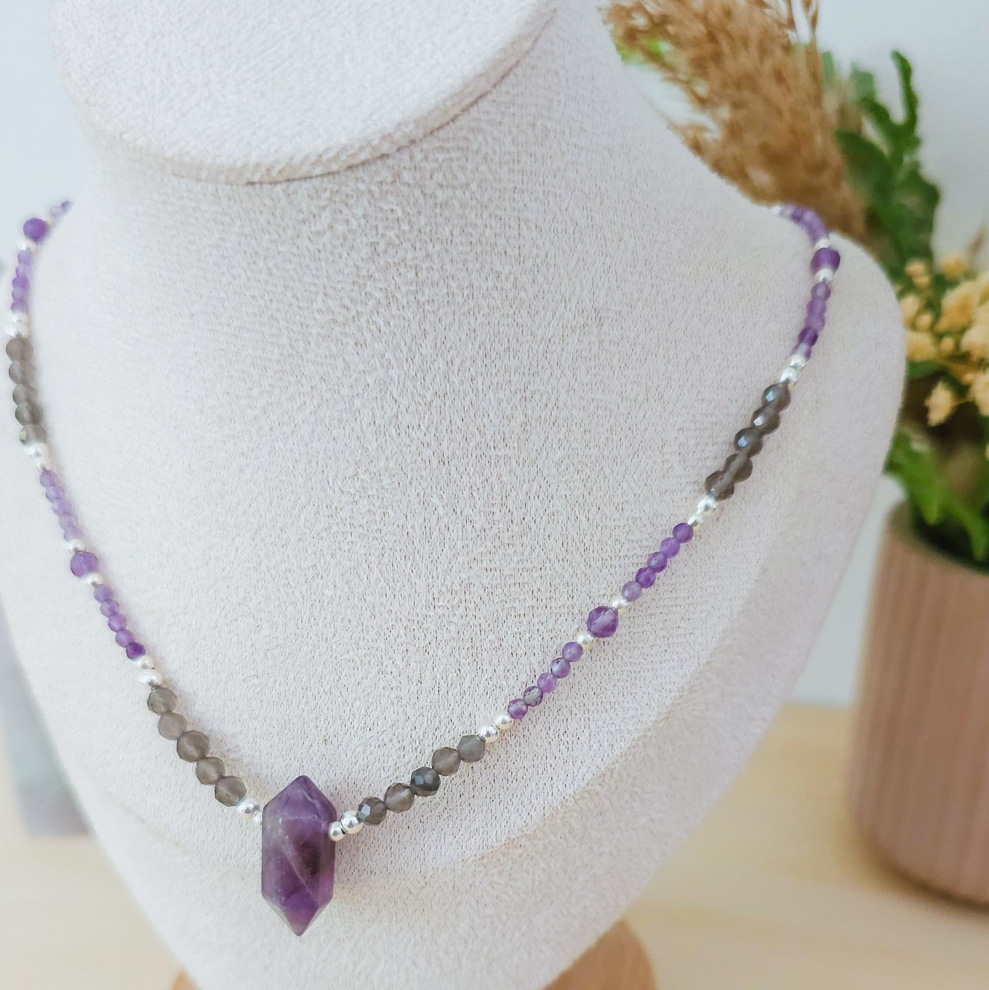"Violet Mirror" Handmade Necklace with Amethyst, Ice Obsidian and 925 Silver Beads