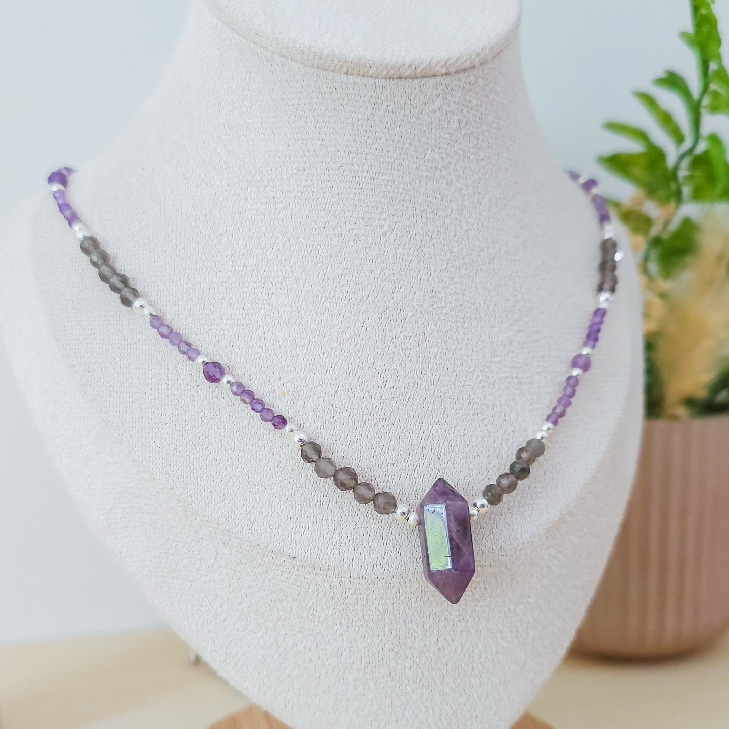 "Violet Mirror" Handmade Necklace with Amethyst, Ice Obsidian and 925 Silver Beads