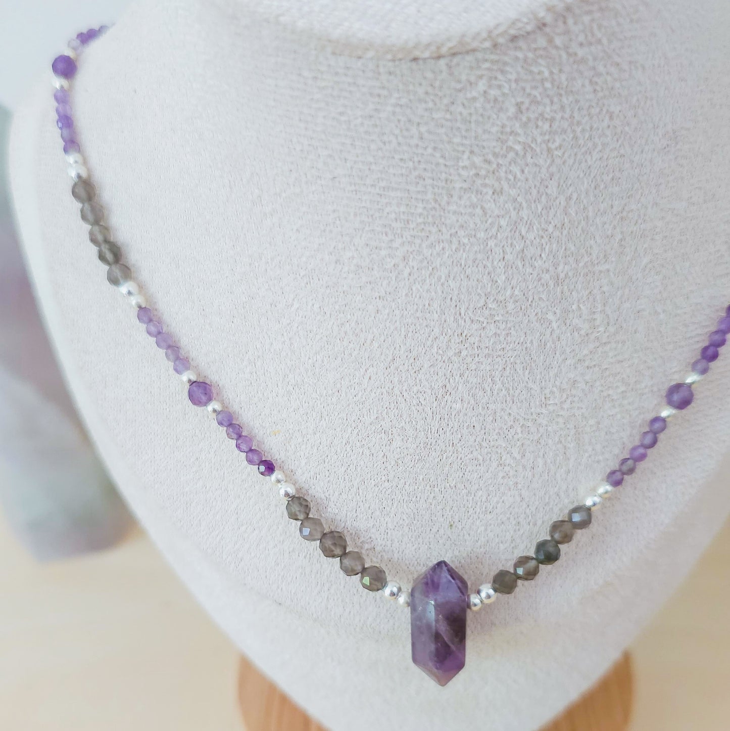 "Violet Mirror" Handmade Necklace with Amethyst, Ice Obsidian and 925 Silver Beads