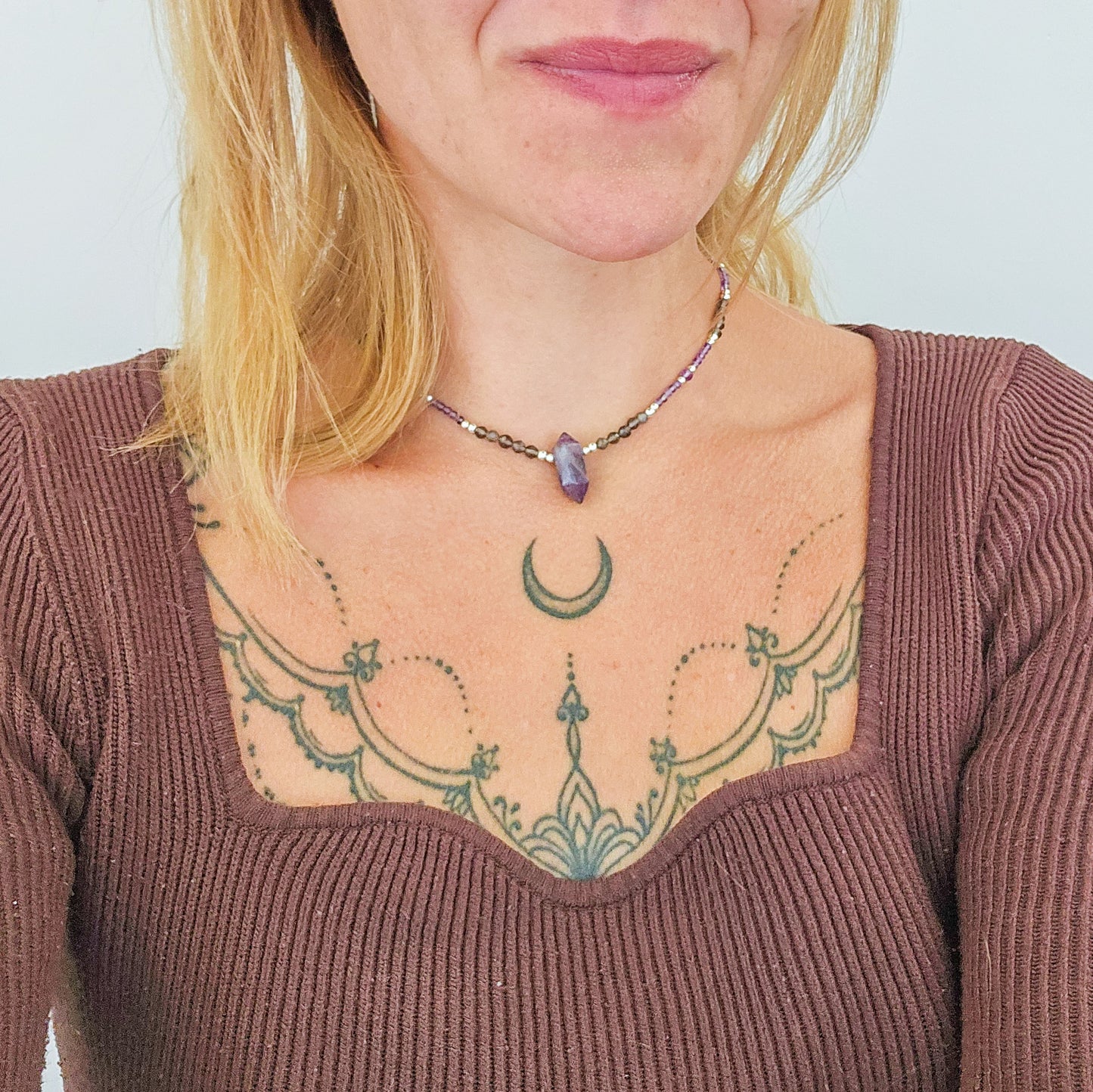 "Violet Mirror" Handmade Necklace with Amethyst, Ice Obsidian and 925 Silver Beads