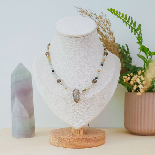 "Shield of Serene Truth" – Handmade Necklace with Amazonite, Smoky Quartz and 925 Silver Beads and Smoky Quartz Double Terminated Point