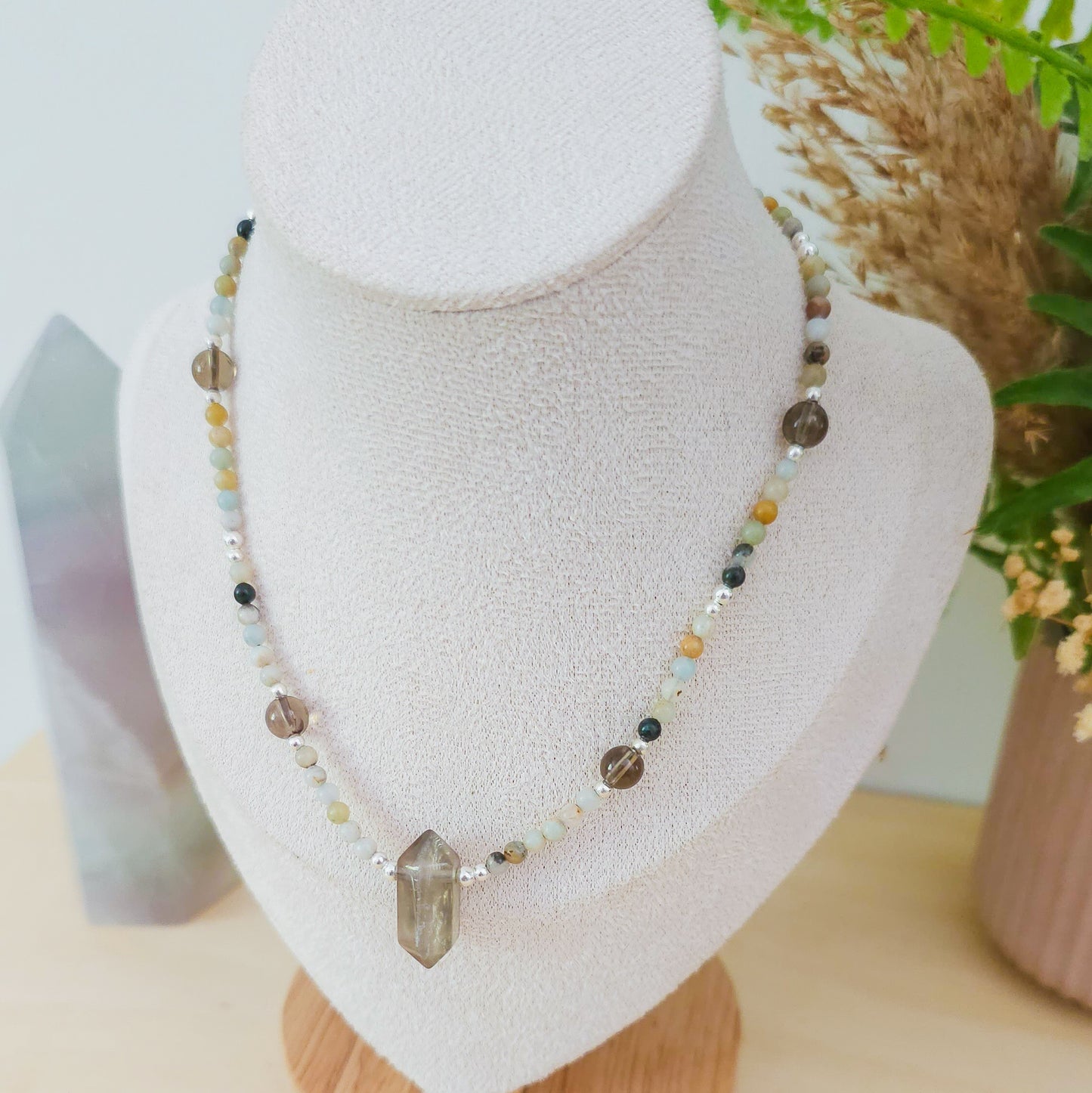 "Shield of Serene Truth" – Handmade Necklace with Amazonite, Smoky Quartz and 925 Silver Beads and Smoky Quartz Double Terminated Point
