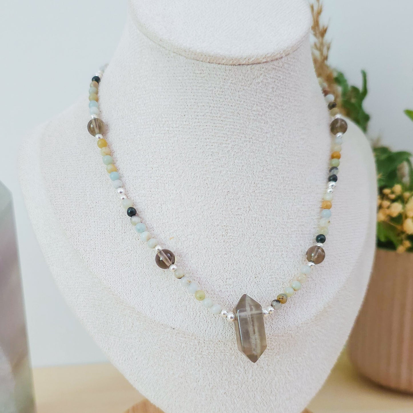 "Shield of Serene Truth" – Handmade Necklace with Amazonite, Smoky Quartz and 925 Silver Beads and Smoky Quartz Double Terminated Point