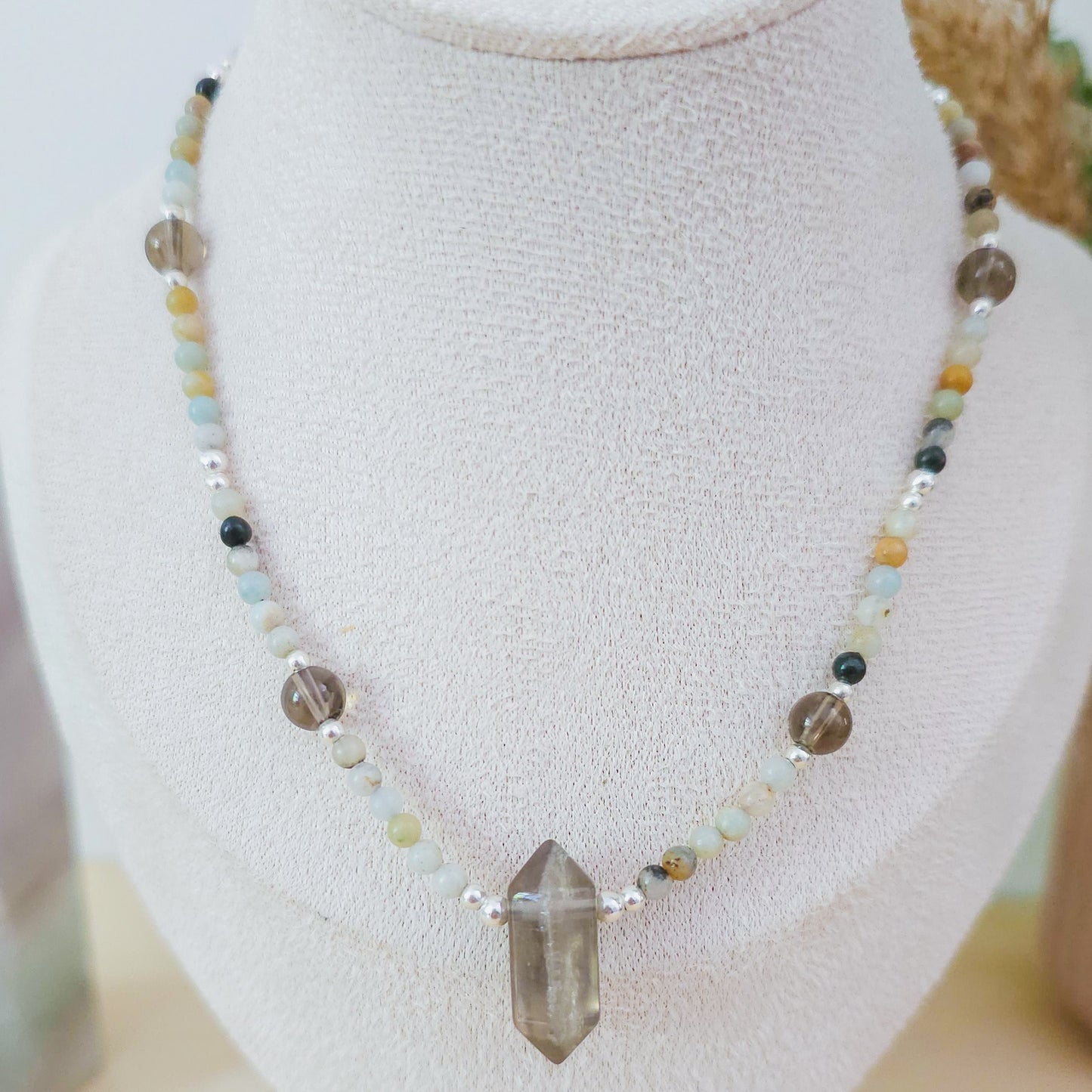 "Shield of Serene Truth" – Handmade Necklace with Amazonite, Smoky Quartz and 925 Silver Beads and Smoky Quartz Double Terminated Point