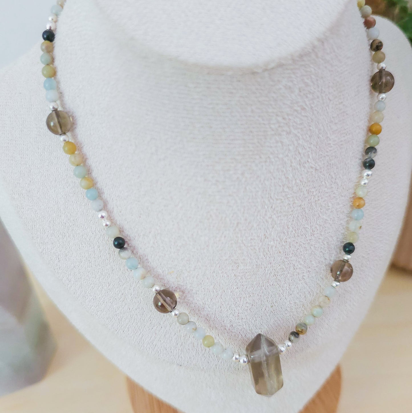 "Shield of Serene Truth" – Handmade Necklace with Amazonite, Smoky Quartz and 925 Silver Beads and Smoky Quartz Double Terminated Point