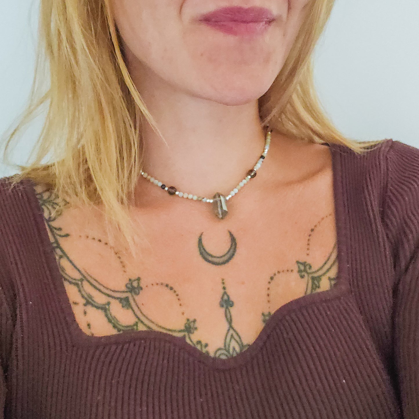 "Shield of Serene Truth" – Handmade Necklace with Amazonite, Smoky Quartz and 925 Silver Beads and Smoky Quartz Double Terminated Point