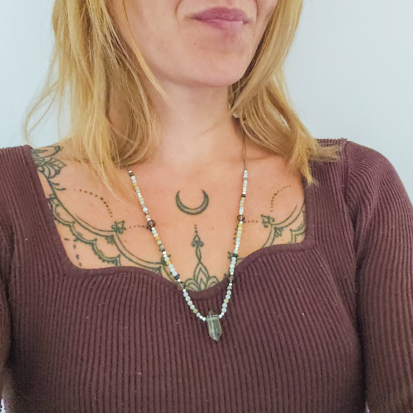 "Shield of Serene Truth" – Handmade Necklace with Amazonite, Smoky Quartz and 925 Silver Beads and Smoky Quartz Double Terminated Point