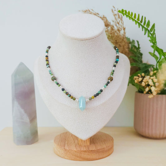 "Rise & Evolve" - Handmade Necklace with African Turquoise Jasper and 925 Silver Beads and Amazonite Double Terminated Point