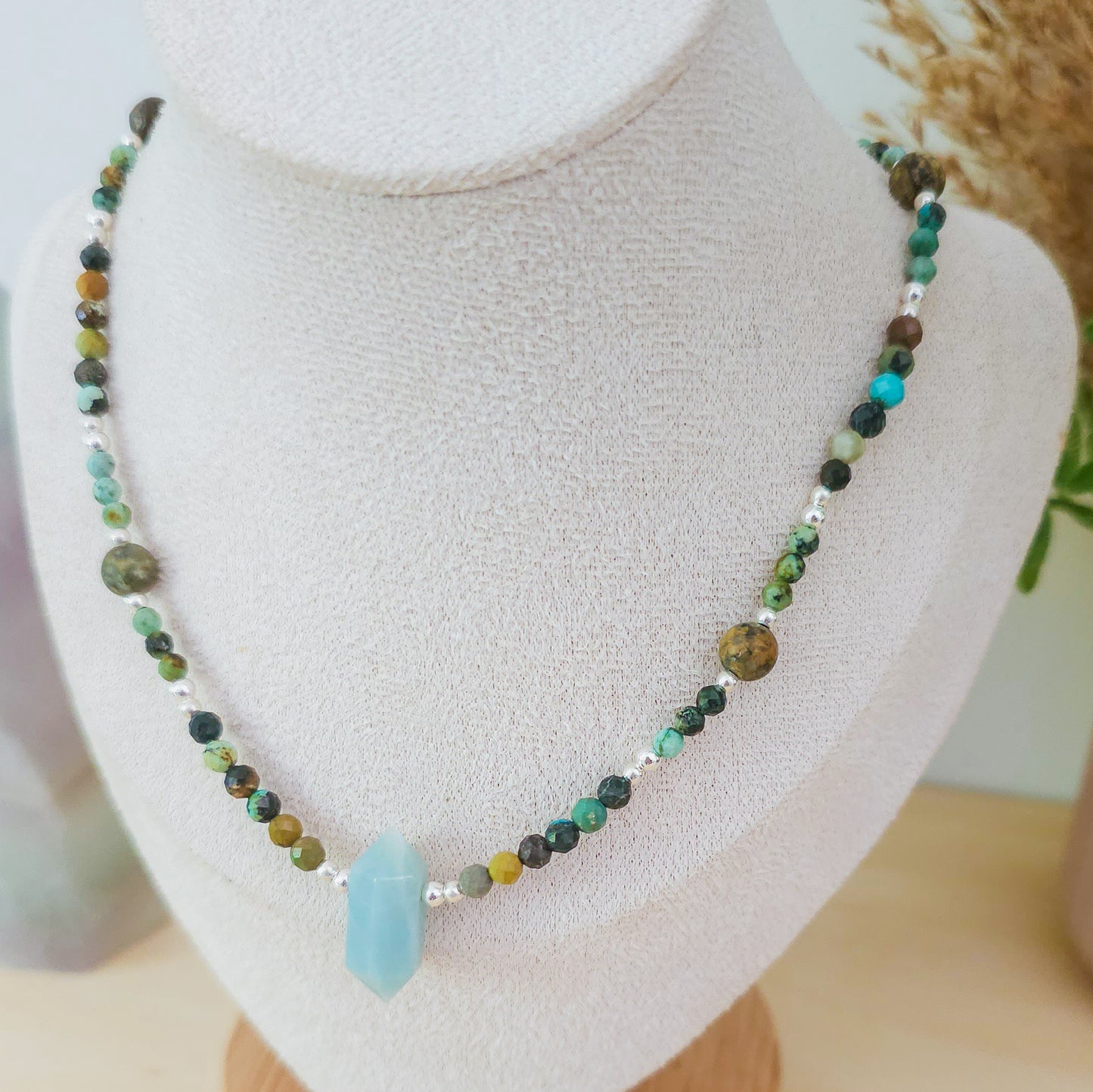 "Rise & Evolve" - Handmade Necklace with African Turquoise Jasper and 925 Silver Beads and Amazonite Double Terminated Point