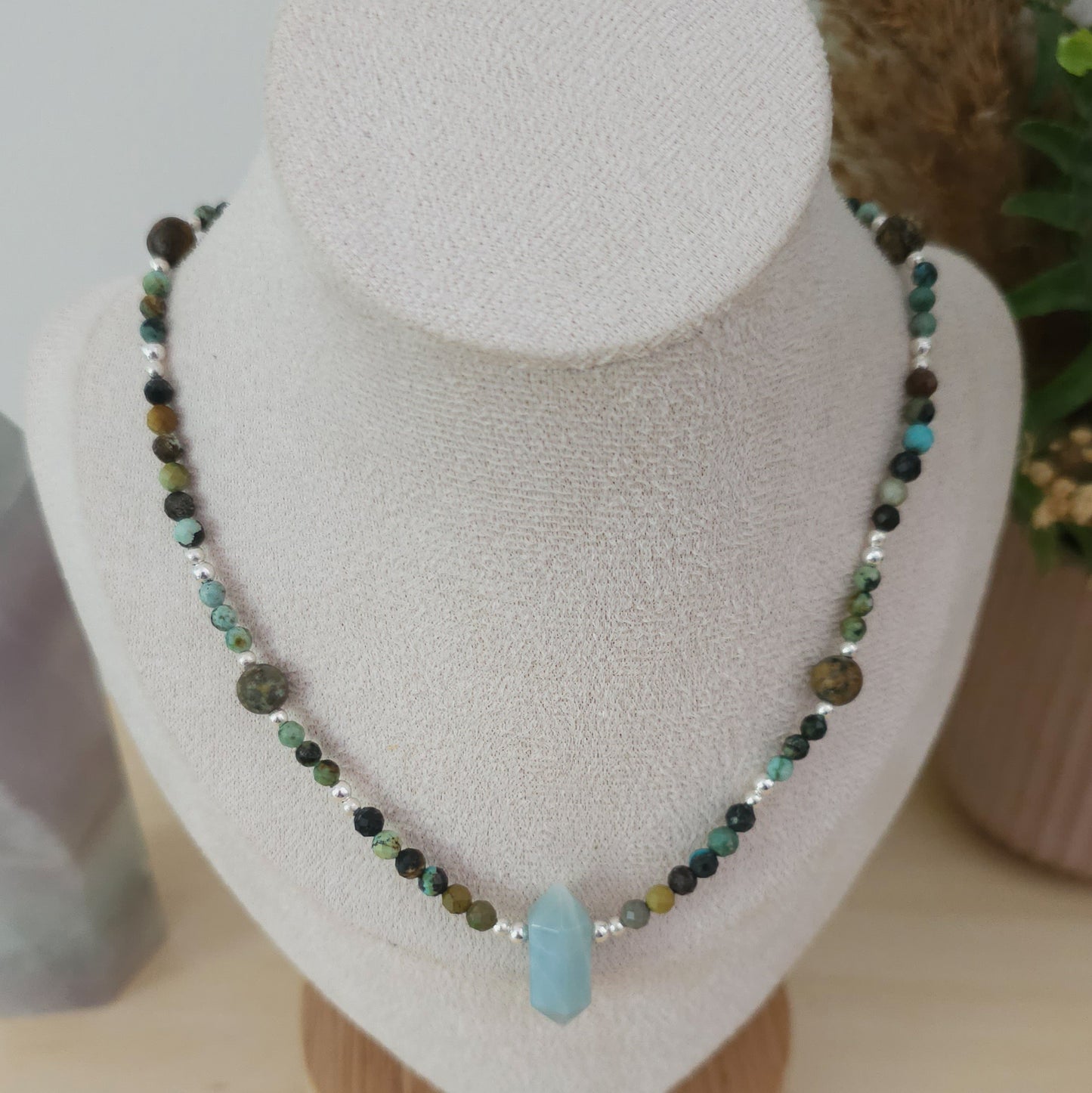 "Rise & Evolve" - Handmade Necklace with African Turquoise Jasper and 925 Silver Beads and Amazonite Double Terminated Point