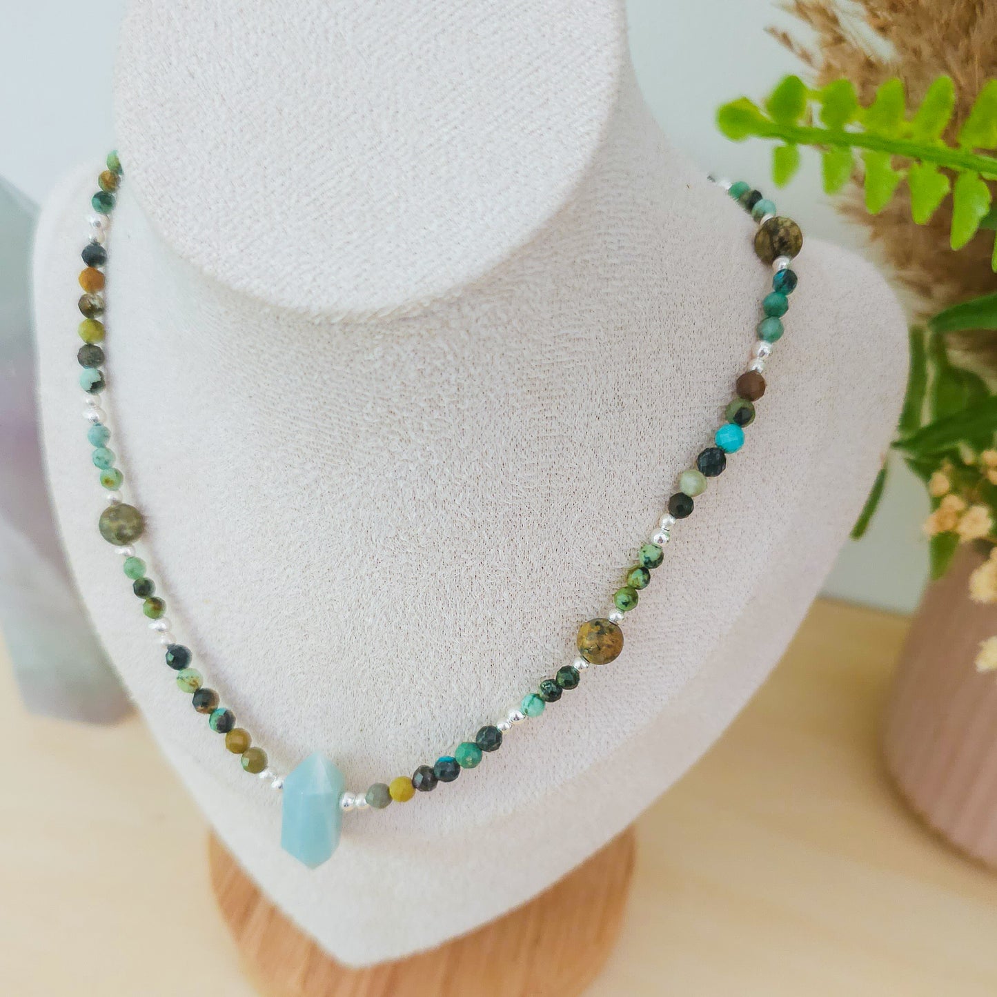 "Rise & Evolve" - Handmade Necklace with African Turquoise Jasper and 925 Silver Beads and Amazonite Double Terminated Point