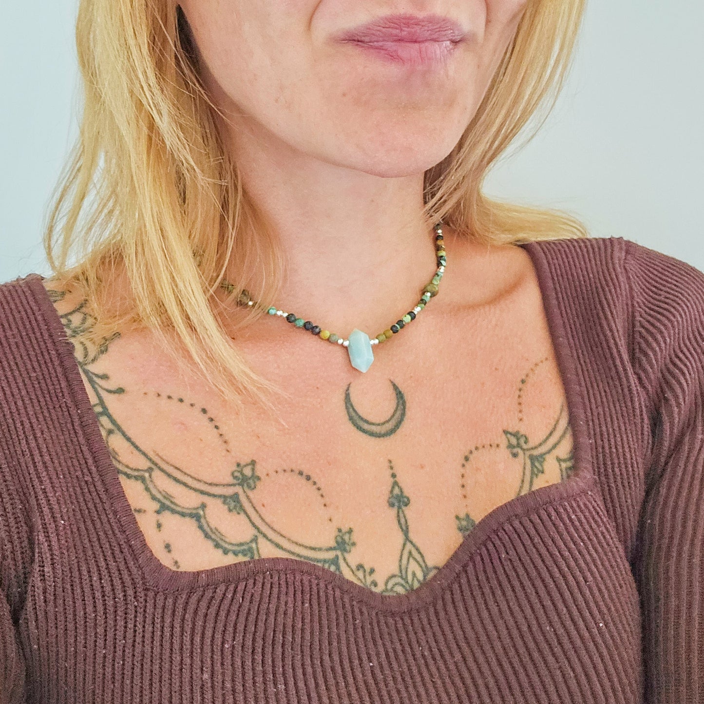 "Rise & Evolve" - Handmade Necklace with African Turquoise Jasper and 925 Silver Beads and Amazonite Double Terminated Point