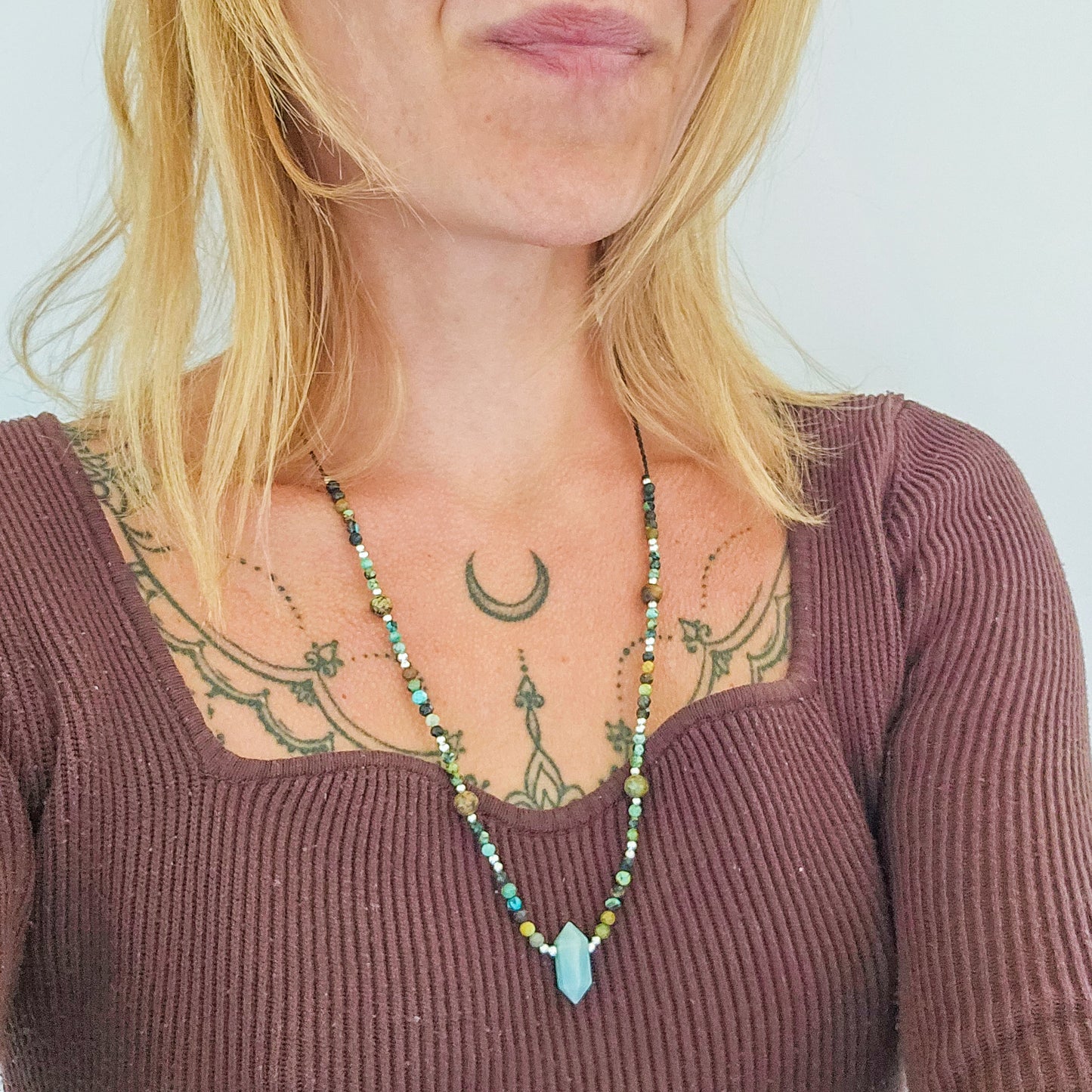 "Rise & Evolve" - Handmade Necklace with African Turquoise Jasper and 925 Silver Beads and Amazonite Double Terminated Point