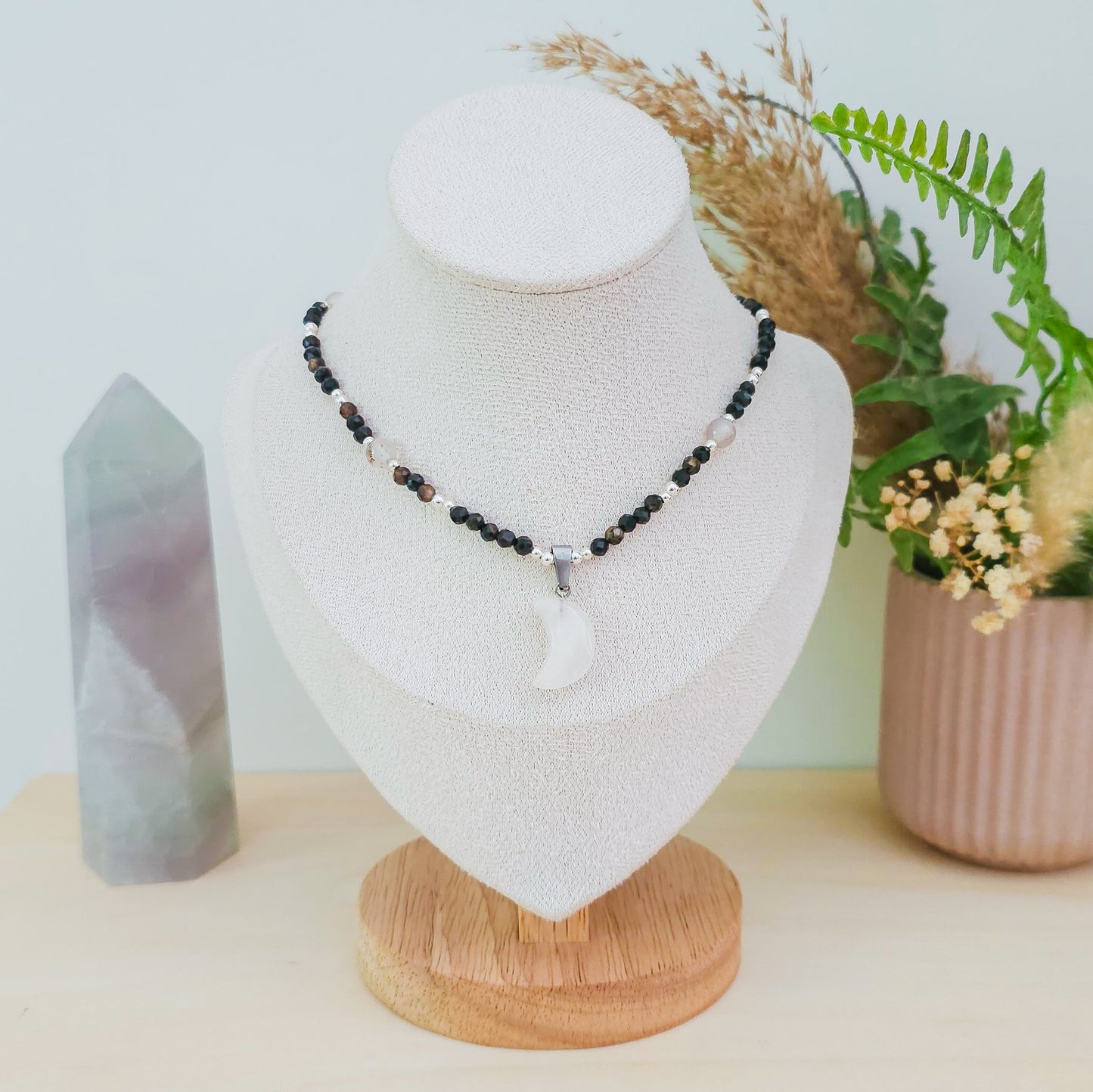 Lunar Whisper – Clear Quartz, Black Onyx & Dendritic Agate Necklace with 925 Silver Beads | Handmade Under the Scorpio Full Moon